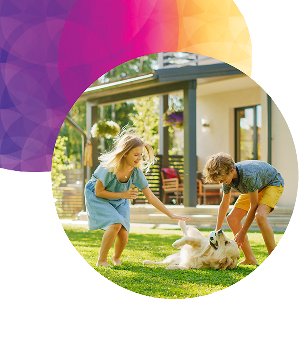 Kids play with their dog on the lawn